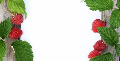 Raspberries on a wooden background. Mock up with copy space. Top view of ripe berries. Flat lay. Focus on berries. Empty blank