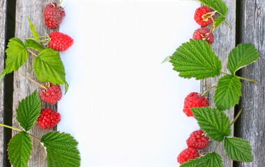 Raspberries on a wooden background. Mock up with copy space. Top view of ripe berries. Flat lay. Focus on berries. Empty blank
