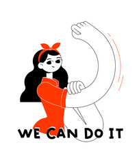 We can do it! The girl shows her strength in body and spirit. Women's Day - support feminism direction. Flat outline minimalism vector illustration.
