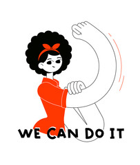 We can do it! The girl shows her strength in body and spirit. Women's Day - support feminism direction. Flat outline minimalism vector illustration.