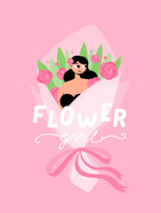 The character of a beautiful gentle girl sits in a large bouquet of pink flowers tied with a ribbon. Home comfort. Flat bright vector illustration