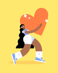 A strong, beautiful black woman in sneakers and shorts carries a big heart in her arms. Take care and love yourself. Stylish trendy look. Flat bright vector illustration.