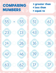 Comparing numbers worksheet practice print sheet. Vector illustration.