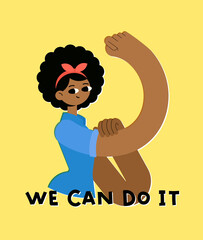 We can do it! The girl shows her strength in body and spirit. Women's Day - support feminism direction. Flat bright vector illustration.