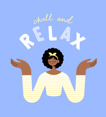 Fototapeta na wymiar Chill and relax. A beautiful black girl in a striped sweater meditates and enjoys the moment. Take care and love yourself. Stylish trendy look. Flat bright vector illustration.