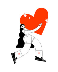 A strong, beautiful  woman in sneakers and shorts carries a big red heart in her arms. Take care and love yourself. Stylish trendy look. Flat outline minimalism vector illustration.