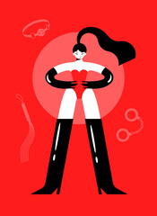 A dominant woman with a ponytail in a red corset and latex boots and gloves stands in a confident pose. BDSM toys on the background. Flat bright vector illustration.