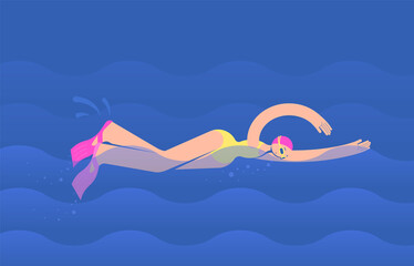 Girl athlete swimmer in a swimsuit and swimming goggles, fins, and a cap swim quickly in the pool. Against the background of the wave. Flat bright vector illustration.