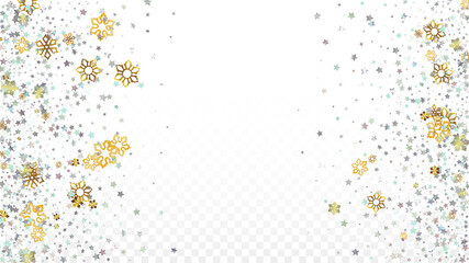Christmas Vector Background with Falling Glitter Snowflakes and Stars. Isolated on Transparent. Realistic Snow Twinkly Pattern. Glitter Overlay Print. Winter Party. Design for Banner, Poster.