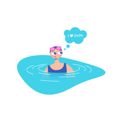 An athlete swimmer in a swimsuit, swimming goggles and a hat is in the water in the pool. Bubble with the text "I love swim". Flat bright vector illustration.