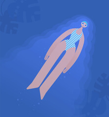 Girl athlete swimmer in a swimsuit and swimming goggles and a cap swim quickly in the pool. Flat bright vector illustration.