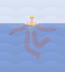 Girl athlete swimmer in a swimsuit and swimming goggles and a cap swim quickly in the pool. Against the background of the wave. Flat bright vector illustration.