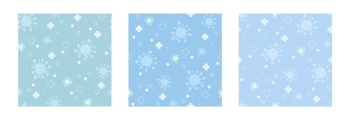 Tiny medical pattern set. Pale virus silhouette with cross on a light blue, turquoise green and navy background. Pharmacy, laboratory, medicine, health care design seamless pattern. Flat vector eps10