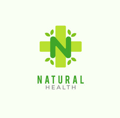 Natural Health logo, letter N , Leaf and Medical Icon combination, flat design logo template, vector illustration