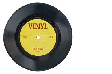 Closeup view of realistic gramophone vinyl record or phonograph record with yellow label. Black...