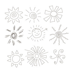 9 various of sun. Hand drawn vector illustration. Black 
line. Cute conception for kids’ design.