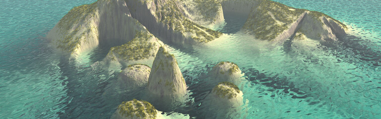 A bird view of tropical island with turquoise waters. 3d illustration