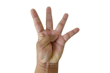 Number four Index finger, middle finger, ring finger and little finger isolated on white background. With clipping path.