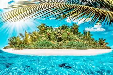 Obraz na płótnie Canvas Whole tropical island within atoll in tropical Ocean on a summer day. Uninhabited and wild subtropical isle with palm trees. Equatorial part of the ocean, tropical island resort.