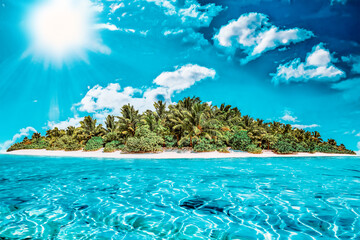 Whole tropical island within atoll in tropical Ocean on a summer day. Uninhabited and wild subtropical isle with palm trees. Equatorial part of the ocean, tropical island resort.