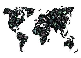 World map on black with flowers for interior design.