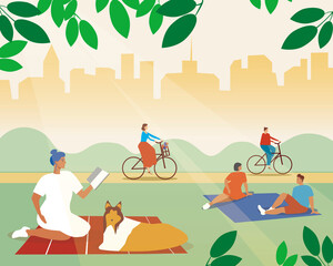 Fototapeta premium Picnic on the grass, weekend in the park. Flat vector stock illustration. Blanket on the grass. Summer landscape. People at a picnic. Cyclists in the park. Out-of-town picnic concept