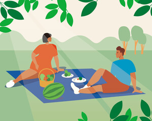 Couple picnic, vegan food. Flat vector stock illustration. Couple man and woman eating vegetables for lunch. Vegan couple date. The concept of food in nature, relaxation. Vector graphics