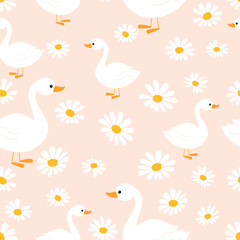 Seamless pattern with ducks and daisy flowers on orange background vector.