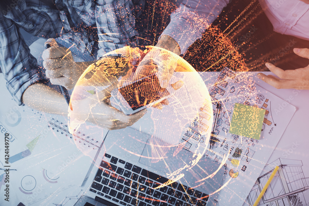 Poster double exposure of social network theme drawing and man and woman working together holding and using