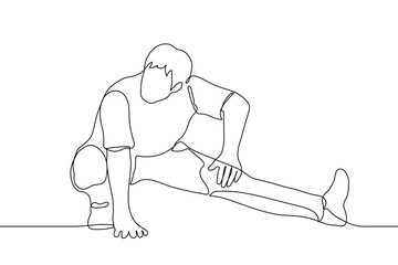 man in the process of stretching his legs - one line drawing. The concept of warming up or training leg muscles
