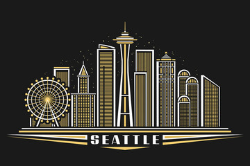 Vector illustration of Seattle, horizontal poster with outline design illuminated seattle city scape, american urban line art concept with decorative lettering for word seattle on dark dusk background - obrazy, fototapety, plakaty