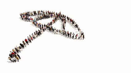 Concept or conceptual large gathering of people forming an image of opened umbrella on white background. A 3d metaphor for protection, security and comfort,  tourism, fashion and style