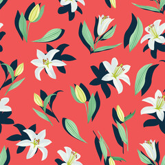 Seamless watercolor pattern with lilies in vector.
