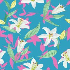 Seamless watercolor pattern with lilies in vector.