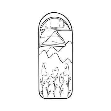 recommend clip art: Sleeping Bag blanket with hood and pillow, line art vector. Travel warm  sleeping bag with mountain, edelweiss flowers print black outline. Camping equipment object isolated on white background