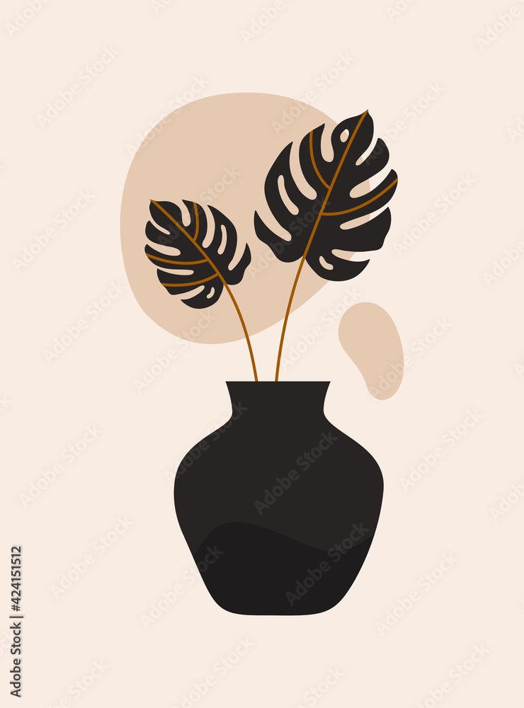 Poster modern abstract wall art with black vase and monstera leaves on light background. vector minimalist 