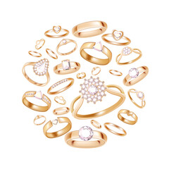 Round set with different platinum and gold rings with diamonds isolated on white background. Template for fashion, wedding and romantic design