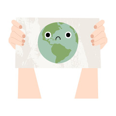 Save Earth, stop pollution. Hands holding banner. Activist with placard for demonstration. Cute planet Earth character with sad face, kawaii globe. Social issue. Vector flat cartoon illustration