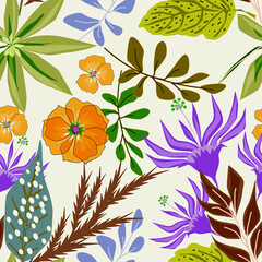 Seamless tropical floral pattern.Lilac, orange flowers on a beige background .
