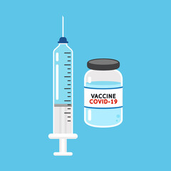 Vaccine Covid-19 vector. Syringe and Vaccine vector. Vaccine virus Covid-19.