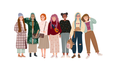 Obraz premium Group of multicultural stylish young women flat cartoon vector illustration. Women of different nationalities and religions. Friendship concept. Happy girls in casual clothes isolated on a white.