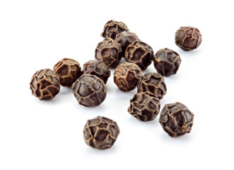 Peppercorn macro. Black Pepper isolated on white. Peppercorns on white background. Full depth of field.