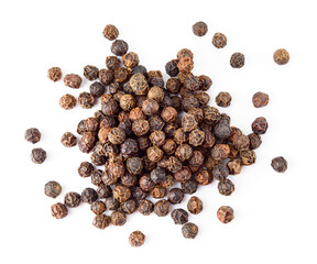 Peppercorn. Black Pepper isolated top view. Peppercorns on white background.