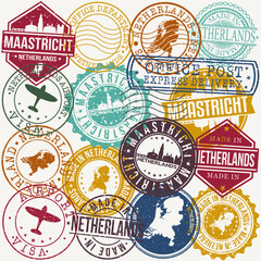 Maastricht Netherlands Set of Stamps. Travel Stamp. Made In Product. Design Seals Old Style Insignia.