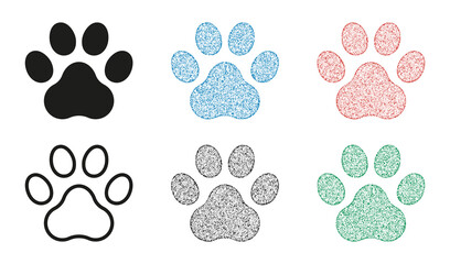 Dog paw print icons, stamp effect