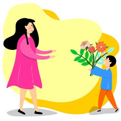Mother and her son giving her flowers. Vector illustration