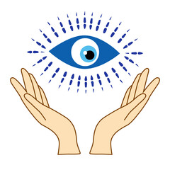 illustration of mystical goddess hands,evil eye, celestial symbols of moon phase. Esoteric, spiritual, wicca occult inspired concept.