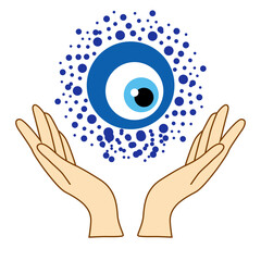 illustration of mystical goddess hands,evil eye, celestial symbols of moon phase. Esoteric, spiritual, wicca occult inspired concept.