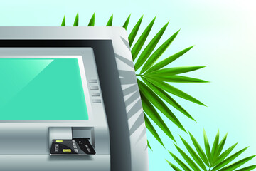 Insert the ATM card into the card slot at the bank ATM,The ATM was placed in the midst of the beach, covered in coconut leaves,vector finance summer concept