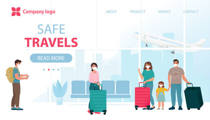 Air travel new reality, safe flight concept. People in protective face masks at airport terminal. Vector illustration in flat style, template for web banner, landing page